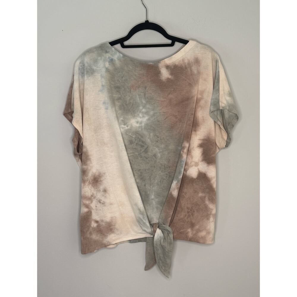 Karen Kane Tess Boat Neck Drop Sleeve Tie Front Tie Die Cream Blue T-shirt 2X